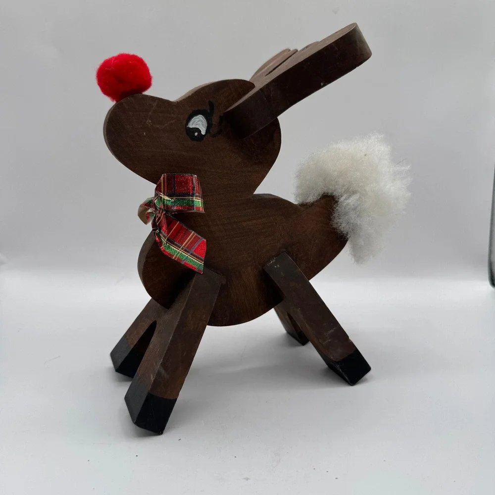 Wooden Standing Reindeer Christmas Decor Small Brown Plaid Bow Folk Art